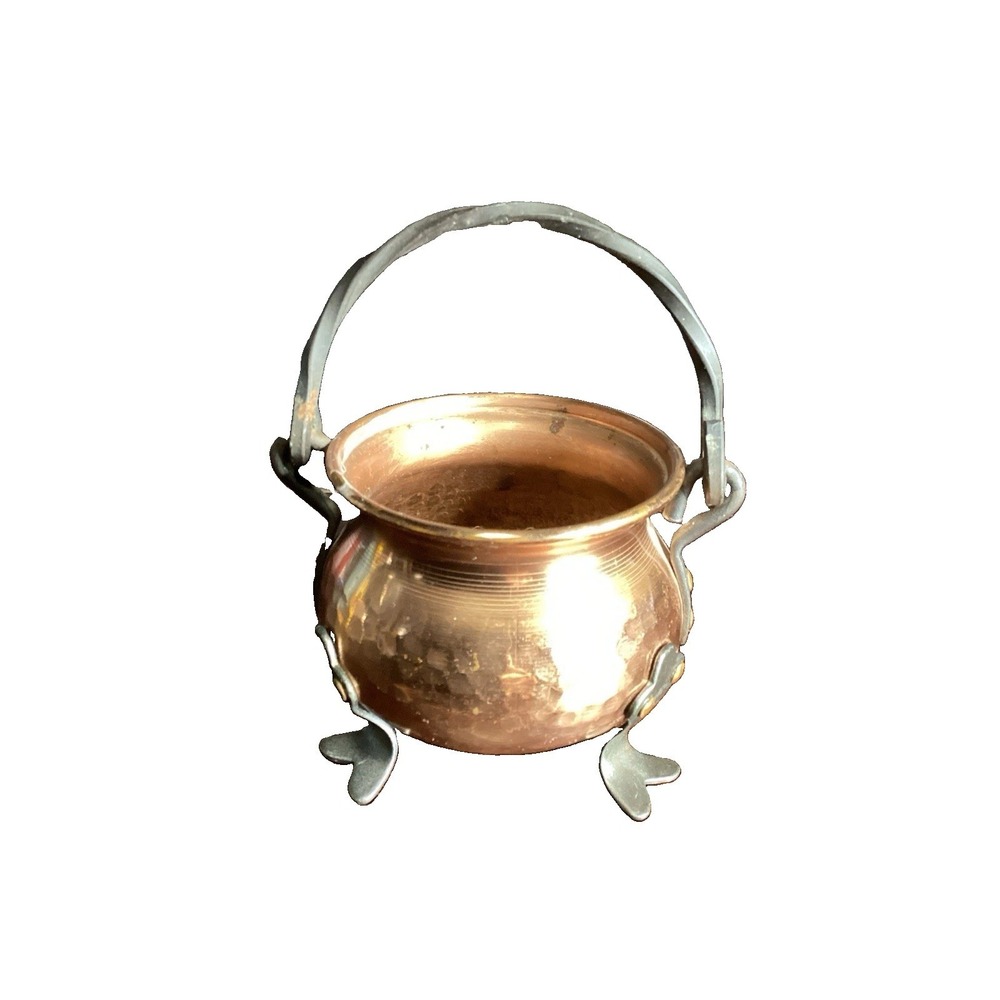 Vintage Hand Hammered Copper Miniature Cauldron Pot with Twisted Iron Handle